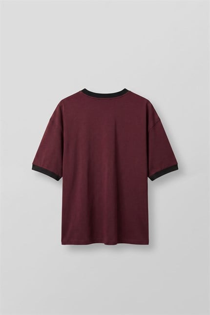 Erkek Nakış Detaylı Kontrast Bisiklet Yaka Boxy Fit T-Shirt Bordo