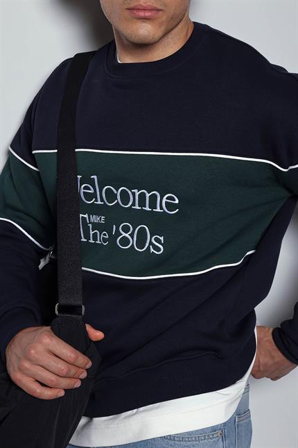 Erkek Nakışlı Blok Detaylı Oversize Sweatshirt Lacivert