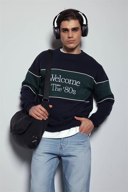 Erkek Nakışlı Blok Detaylı Oversize Sweatshirt Lacivert