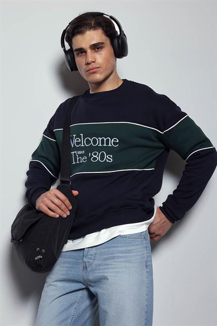 Erkek Nakışlı Blok Detaylı Oversize Sweatshirt Lacivert