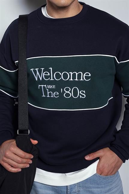 Erkek Nakışlı Blok Detaylı Oversize Sweatshirt Lacivert