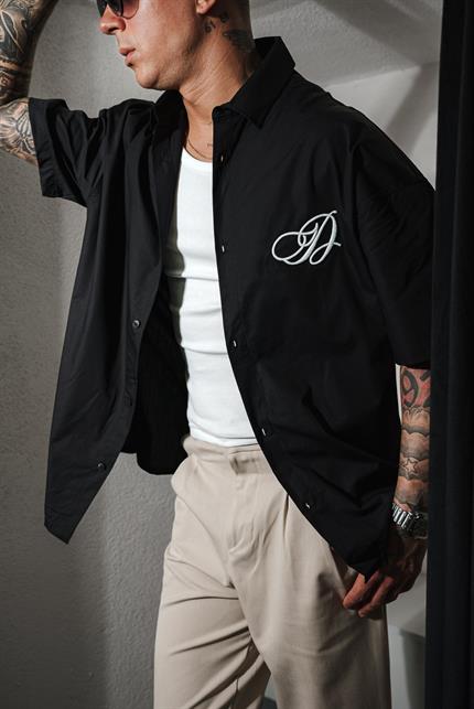 Erkek Nakışlı Kısa Kollu Oversize Gömlek Siyah