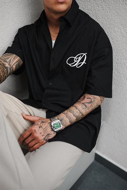 Erkek Nakışlı Kısa Kollu Oversize Gömlek Siyah