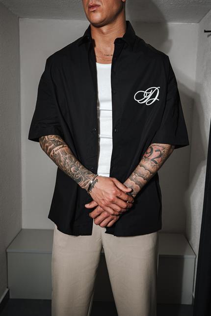 Erkek Nakışlı Kısa Kollu Oversize Gömlek Siyah