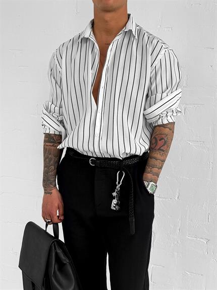 Erkek Nefes Alan Kumaştan Çizgili Rahat Oversize Gömlek Beyaz