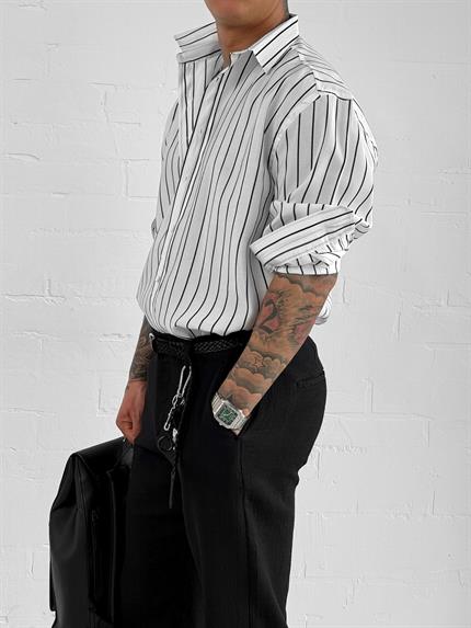 Erkek Nefes Alan Kumaştan Çizgili Rahat Oversize Gömlek Beyaz