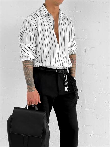 Erkek Nefes Alan Kumaştan Çizgili Rahat Oversize Gömlek Beyaz