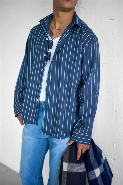 Erkek Nefes Alan Kumaştan Çizgili Rahat Oversize Gömlek Lacivert