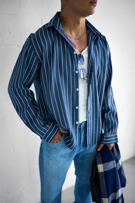 Erkek Nefes Alan Kumaştan Çizgili Rahat Oversize Gömlek Lacivert
