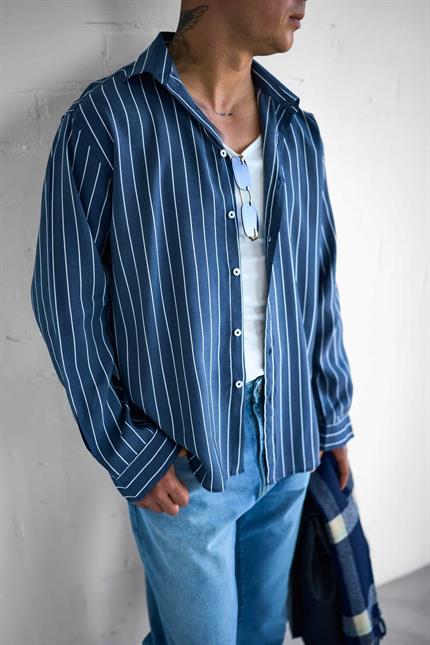 Erkek Nefes Alan Kumaştan Çizgili Rahat Oversize Gömlek Lacivert
