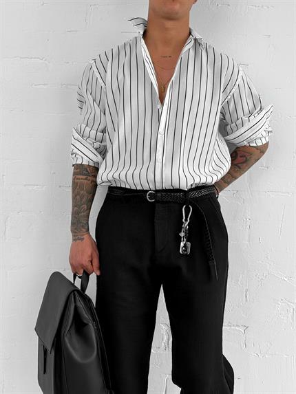 Erkek Nefes Alan Kumaştan Çizgili Rahat Oversize Gömlek Beyaz