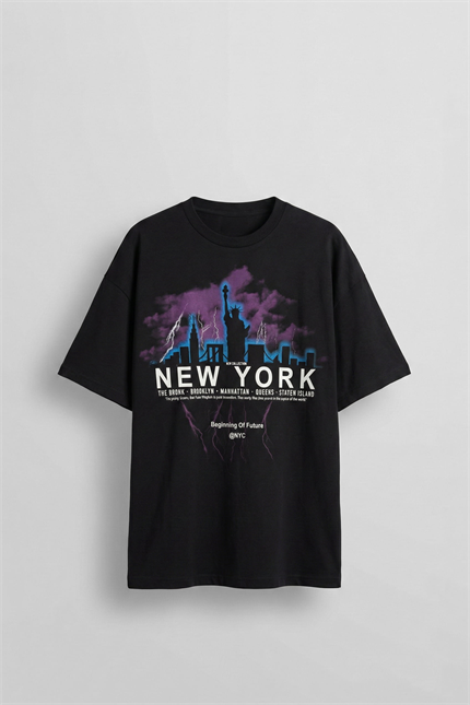 Erkek New York Baskılı Oversize T-Shirt Siyah