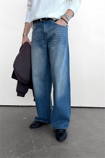 Erkek Old School Baggy Fit Jean Pantolon Mavi