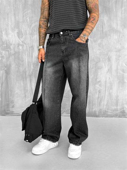 Erkek Ön Dikiş Detaylı Vintage Baggy Jean Siyah