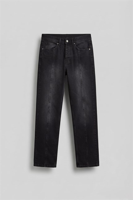 Erkek Ön Dikiş Detaylı Yıkamalı Baggy Jean Siyah