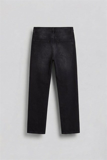 Erkek Ön Dikiş Detaylı Yıkamalı Baggy Jean Siyah