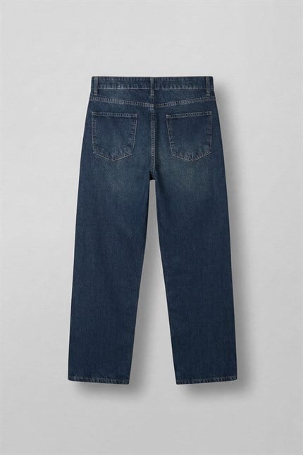 Erkek Ön Dikiş Detaylı Yıkamalı Baggy Jean Koyu Mavi