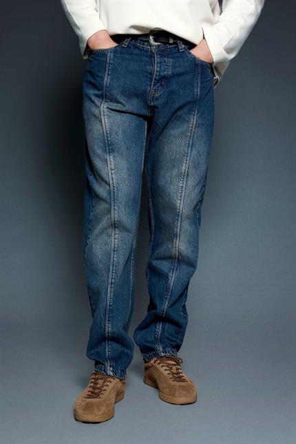 Erkek Ön Dikiş Detaylı Yıkamalı Baggy Jean Koyu Mavi