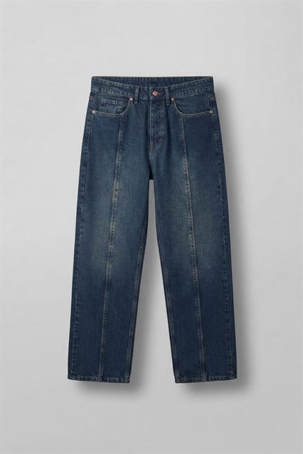 Erkek Ön Dikiş Detaylı Yıkamalı Baggy Jean Koyu Mavi