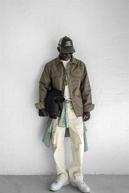 Erkek Önü Cepli Yakalı Slim Fit Ceket Haki