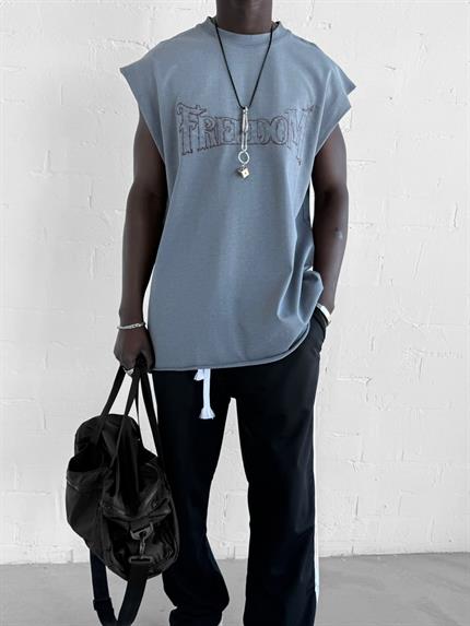 Erkek Önü İşlemeli Oversize Yıkamalı Kolsuz T-Shirt Füme