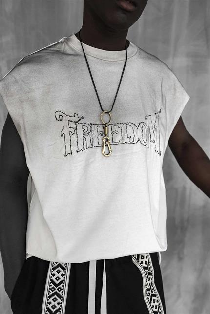 Erkek Önü İşlemeli Oversize Yıkamalı Kolsuz T-Shirt Ekru