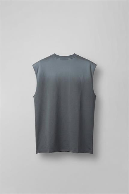 Erkek Önü İşlemeli Oversize Yıkamalı Kolsuz T-Shirt Füme