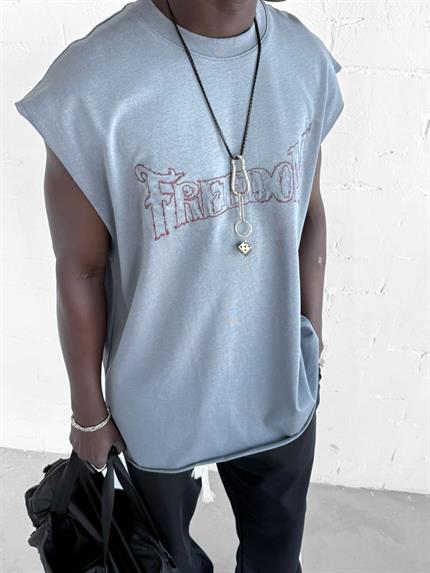 Erkek Önü İşlemeli Oversize Yıkamalı Kolsuz T-Shirt Füme