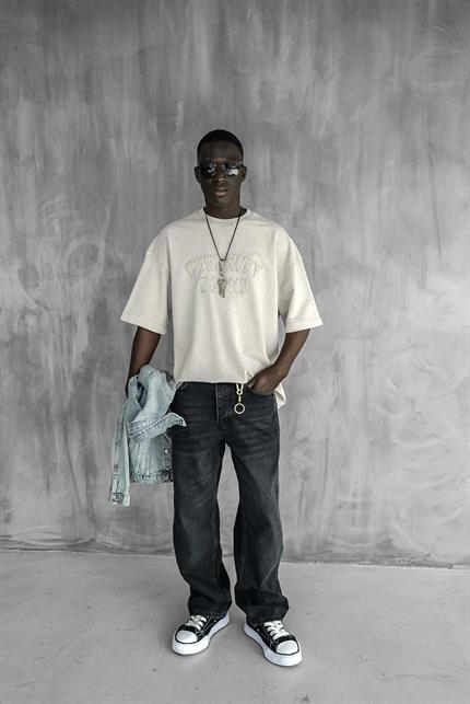 Erkek Önü Slogan İşlemeli Yıkamalı Oversize T-Shirt Taş