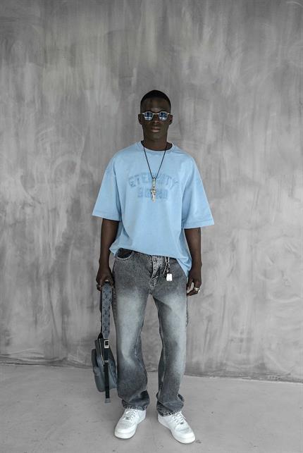 Erkek Önü Slogan İşlemeli Yıkamalı Oversize T-Shirt Açık Mavi