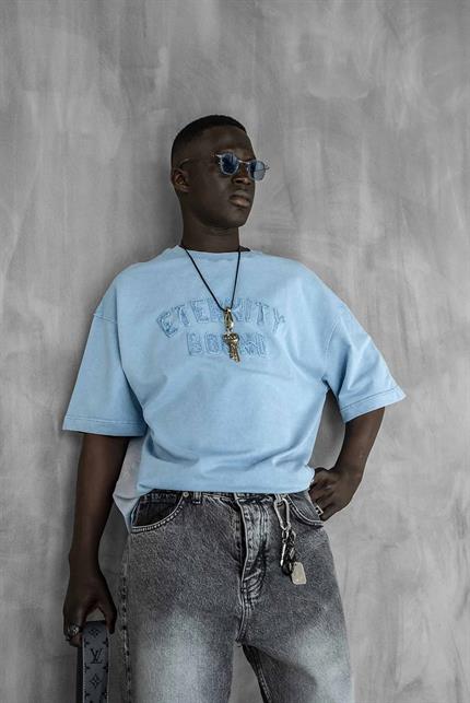 Erkek Önü Slogan İşlemeli Yıkamalı Oversize T-Shirt Açık Mavi