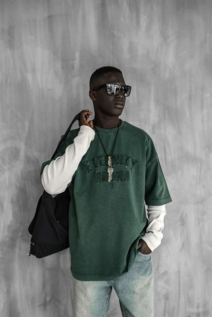 Erkek Önü Slogan İşlemeli Yıkamalı Oversize T-Shirt Yeşil