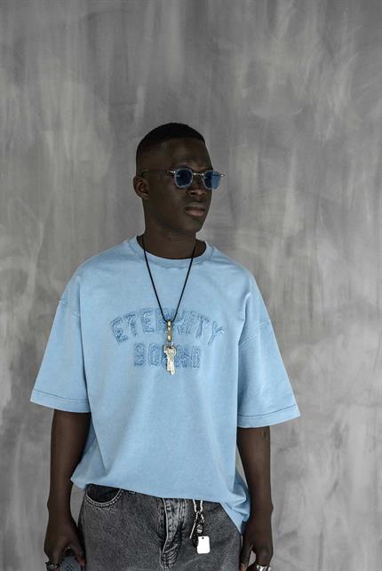 Erkek Önü Slogan İşlemeli Yıkamalı Oversize T-Shirt Açık Mavi