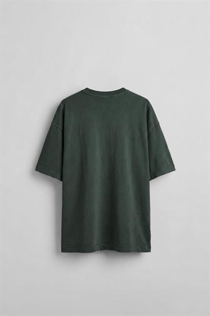 Erkek Önü Slogan İşlemeli Yıkamalı Oversize T-Shirt Yeşil