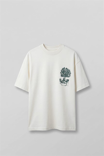 Erkek Süper Oversize %100 Pamuk Nature Baskılı T-Shirt Ekru