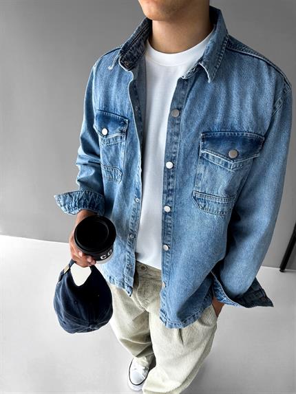 Erkek Önü Cepli Premium Denim Gömlek Lacivert