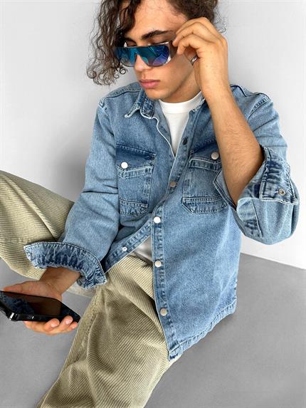 Erkek Önü Cepli Premium Denim Gömlek Lacivert