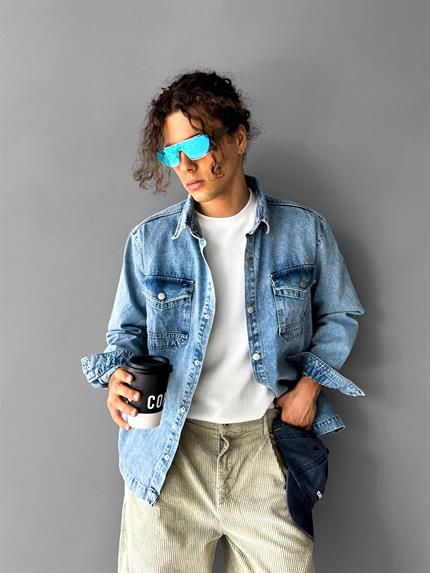 Erkek Önü Cepli Premium Denim Gömlek Lacivert