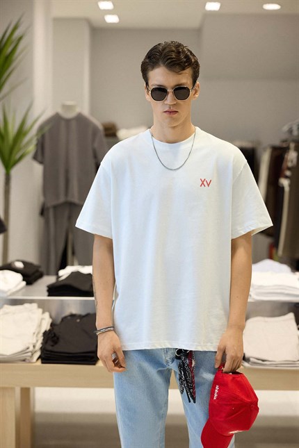 Erkek Oversize Antik Mühür Kabartmalı Baskılı T-Shirt Beyaz