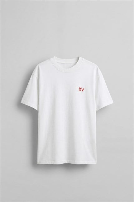 Erkek Oversize Antik Mühür Kabartmalı Baskılı T-Shirt Beyaz