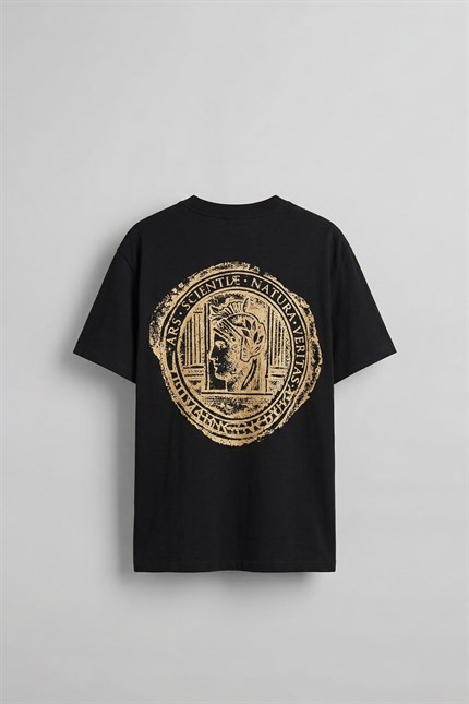 Erkek Oversize Antik Mühür Kabartmalı Baskılı T-Shirt Siyah