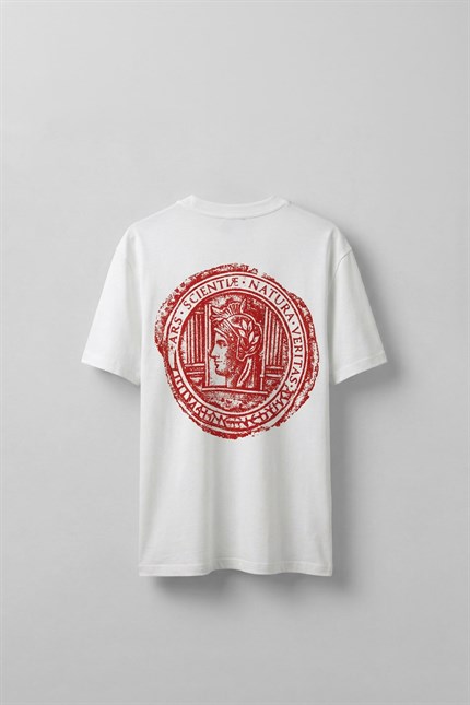 Erkek Oversize Antik Mühür Kabartmalı Baskılı T-Shirt Beyaz