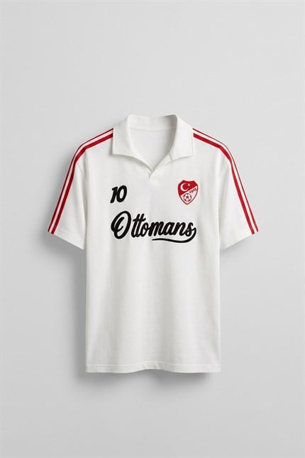 Erkek Oversize Ay Yıldız Detaylı Polo Yaka Forma T-Shirt Ekru