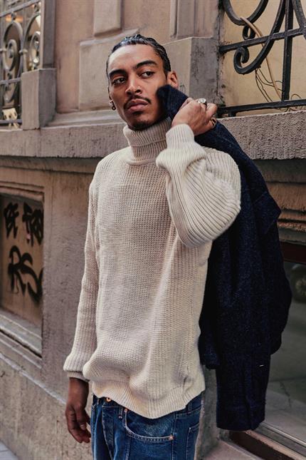 Erkek Oversize Balıkçı Yaka Boğazlı Kazak Bej