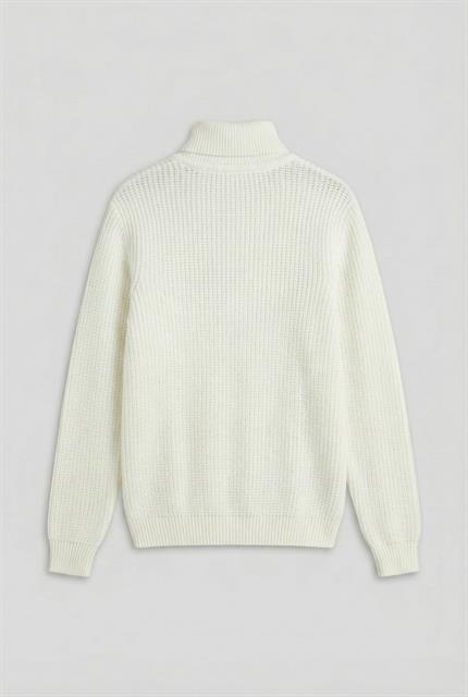 Erkek Oversize Balıkçı Yaka Boğazlı Kazak Ekru