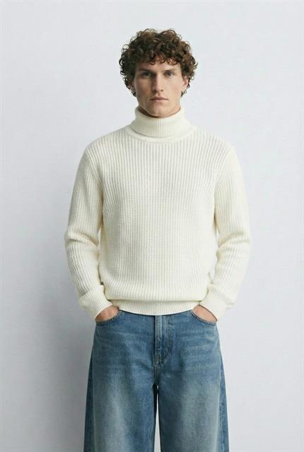 Erkek Oversize Balıkçı Yaka Boğazlı Kazak Ekru