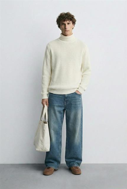 Erkek Oversize Balıkçı Yaka Boğazlı Kazak Ekru