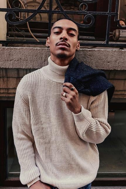 Erkek Oversize Balıkçı Yaka Boğazlı Kazak Bej