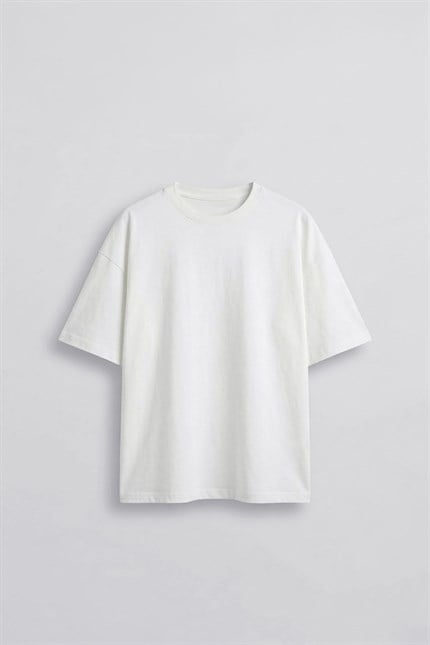 Erkek Boxy Fit Basic %100 Pamuklu T-Shirt Ekru