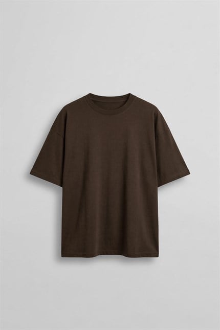 Erkek Boxy Fit Basic %100 Pamuklu T-Shirt Kahverengi
